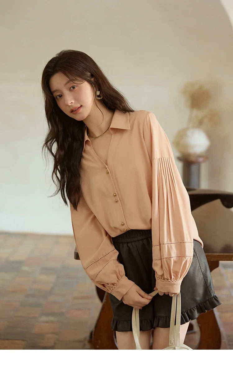 Women's Shirt Lantern Sleeve Hollow Out Tops 2025 Autumn Single Breasted Solid Shirts Lapel Shirt Office Lady MXE41C2359