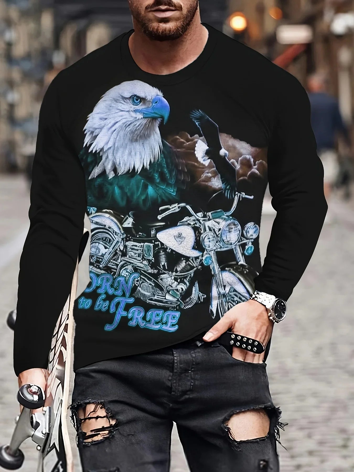 Men's Eagle Printed Long Sleeve Round Neck Retro Novelty T Shirt Autumn Fashion Large Size Long Sleeve Men's Shirt Clothing
