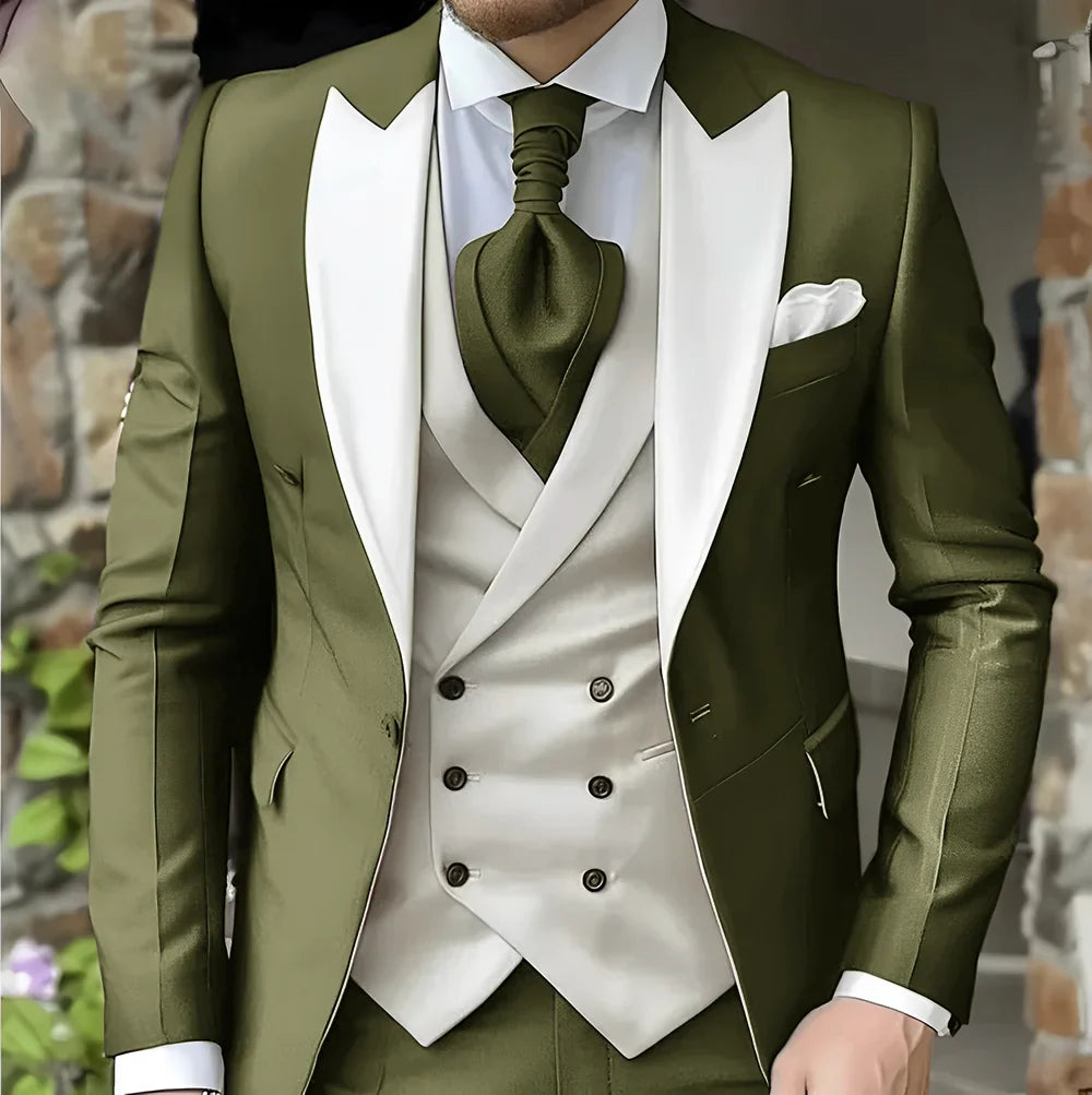 Men's Elegant Peak Lapel Tuxedo 3-Piece Suit with Blazer Vest Formal Men's Suit for Business Prom Business Dinner