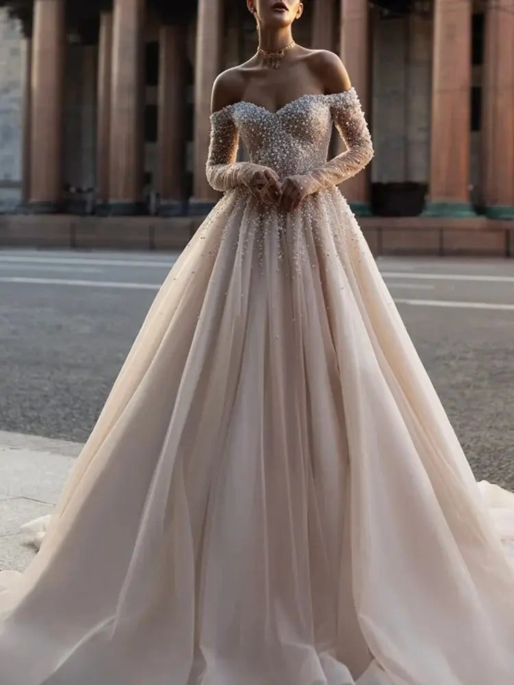 Charming Off-The-Shoulder Bridal Dresses Elegant A-Line Wedding Dress Charming Floor-length Dress Customized Vestidos De Novia