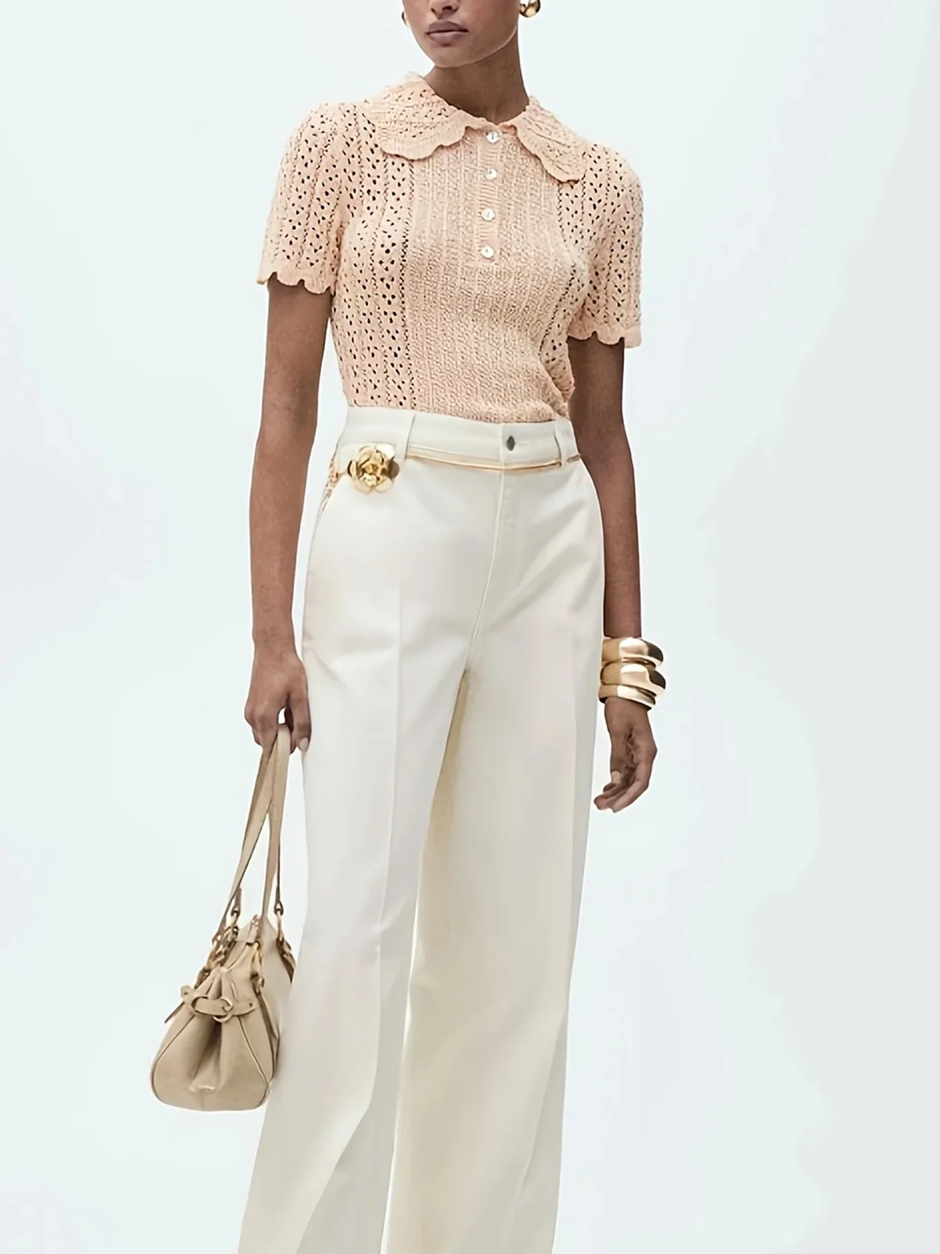 Women's short-sleeved button-down slim-fit pullover sweater with polo collar and Peter Pan collar, new spring/summer top.