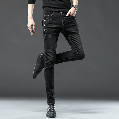 New Men Slim Korean Button Jeans Black Skinny Solid Color Stretch Multi-button Youth Male Denim Pants Streetwear