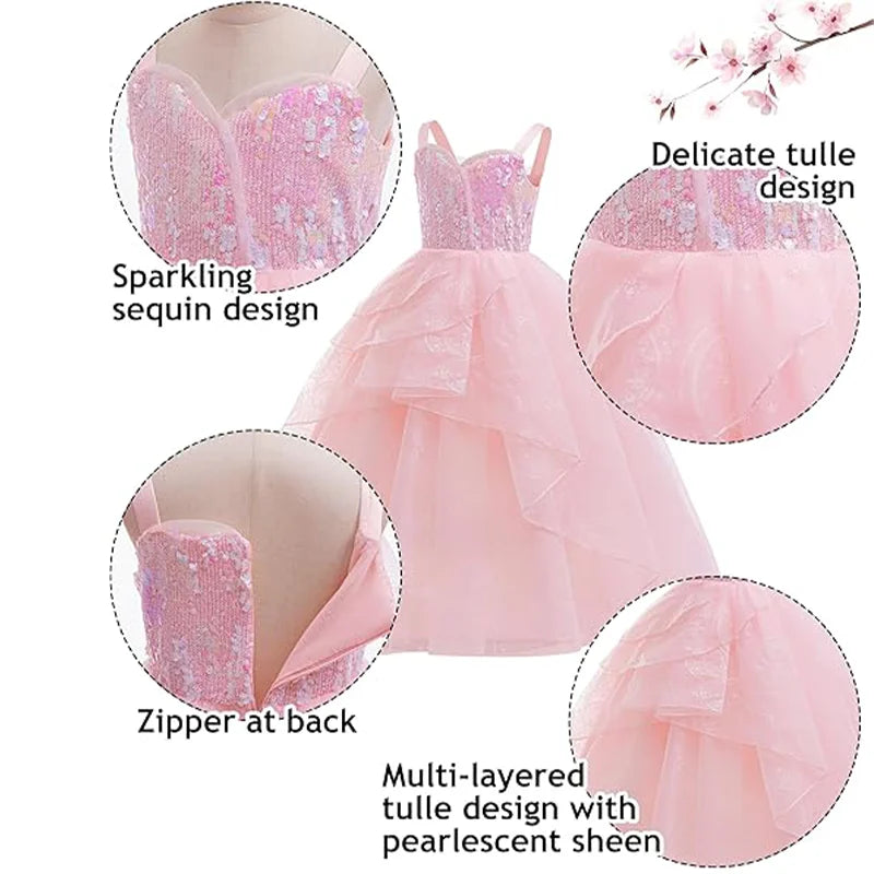 Movie Good Witch Costume Kids Pink Dress With Crown Magic Wand And Gloves For Girls Evil Halloween Birthday Party Prom Outfits