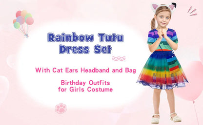 Girls Rainbow Striped T-Shirt Tutu Skirt With Cat Ears Headband Set Halloween Carnival Cosplay Costume Kids Birthday Clothing