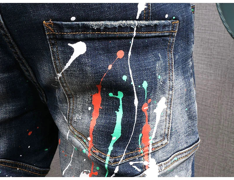 Fashion Streetwear Men Jeans Retro Black Blue Elastic Slim Fit Ripped Jeans Men Spliced Designer Embroidery Hip Hop Denim Pants