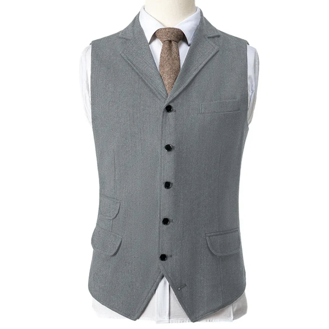 Men Vest Blue Herringbone Single Button With Lapel Waistcoat For Wedding Birthday Banquet Party Business Work Men Suit Vest