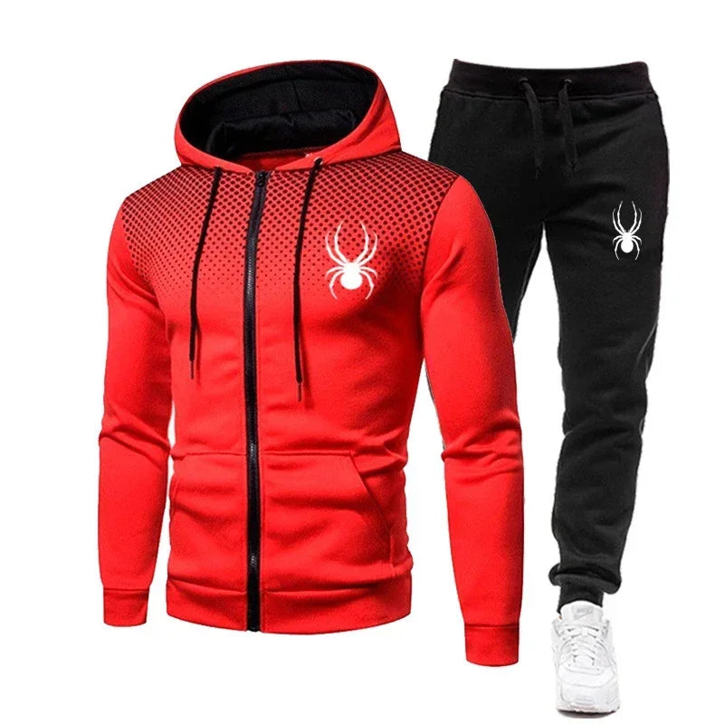 2025 Spring Winter spider print zipper long-sleeved hoodie + stretch waist pants two-piece men's sports jogging fitness suit