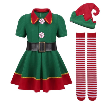 2026 Girl Boy Christmas Elf Costumes Santa Claus Kid Suit Festival Halloween Cosplay Sets Green Elves Clothes