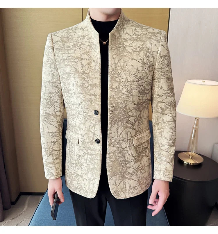 New Chinese Style Stand Up Collar Jacquard Suit Coats Men Slim Business Casual Fashion Suits Jacket Formal Social Party Tuxedos