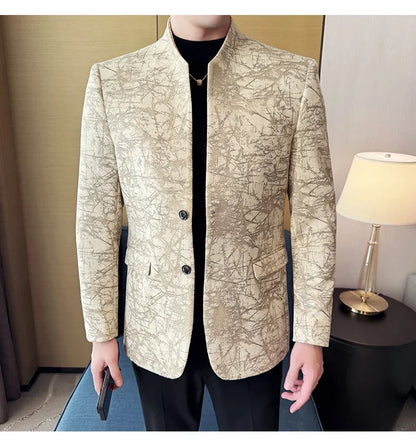New Chinese Style Stand Up Collar Jacquard Suit Coats Men Slim Business Casual Fashion Suits Jacket Formal Social Party Tuxedos