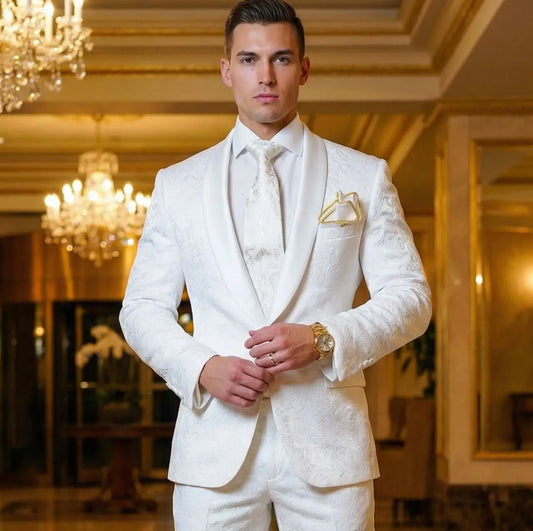Groomsmen White Pattern Groom Tuxedos Shawl Satin Lapel Men Suits 2 Pieces Wedding Bridegroom