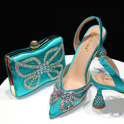 New Elegant Green Bling Bow Pointed Toe Pumps for Women 2024 Party italian Rhinestones shoes and bags matching set