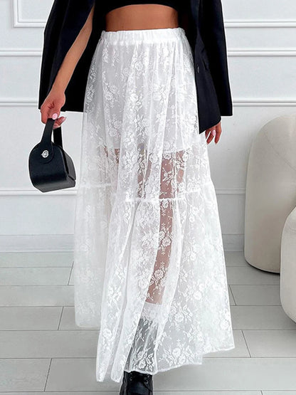 Lace Jacquard Transperant Skirt Women Summer New High Waist Sexy Casual Long Skirts 2025 Streetwear Fashion White Maxi Skirt