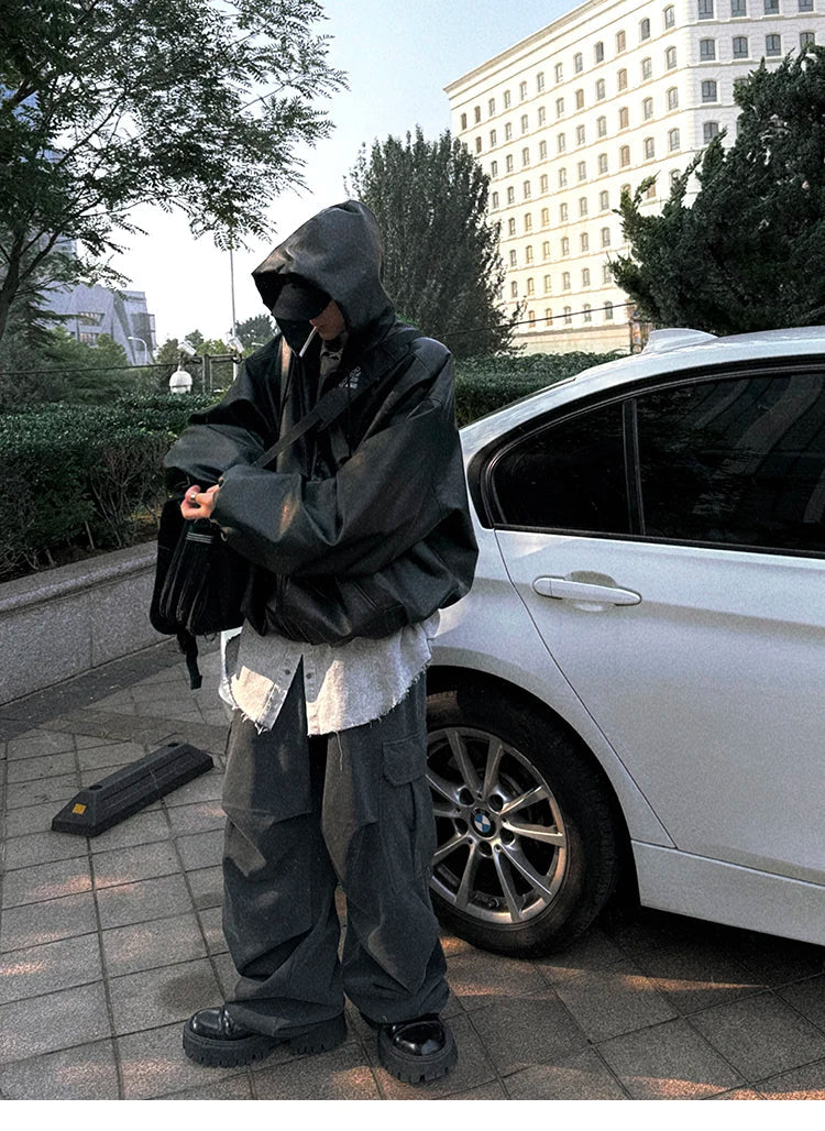Spring Autumn Short Oversized Black Soft Pu Leather Jacket Men with Hood Zipper Loose Casual Korean Fashion Clothes
