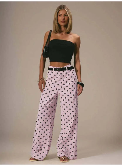 Spring Autumn High Wasit Jeans Pants Women 2026 Fashion Vintage Polka Dot Print Wide Legging Denim Trousers Bottoms Casual