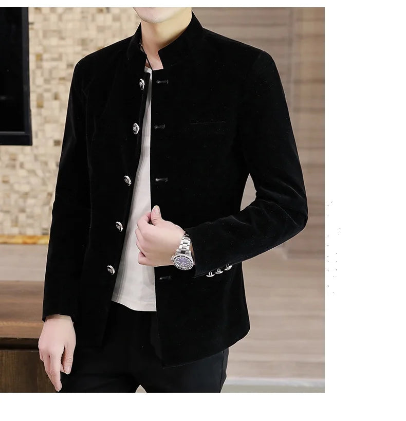 Men's Light Luxury Golden Velvet Coat Youth Fashion Trend Solid Color Stand Collar MAO Suit Handsome Boutique Item
