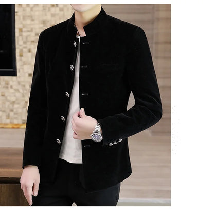 Men's Light Luxury Golden Velvet Coat Youth Fashion Trend Solid Color Stand Collar MAO Suit Handsome Boutique Item