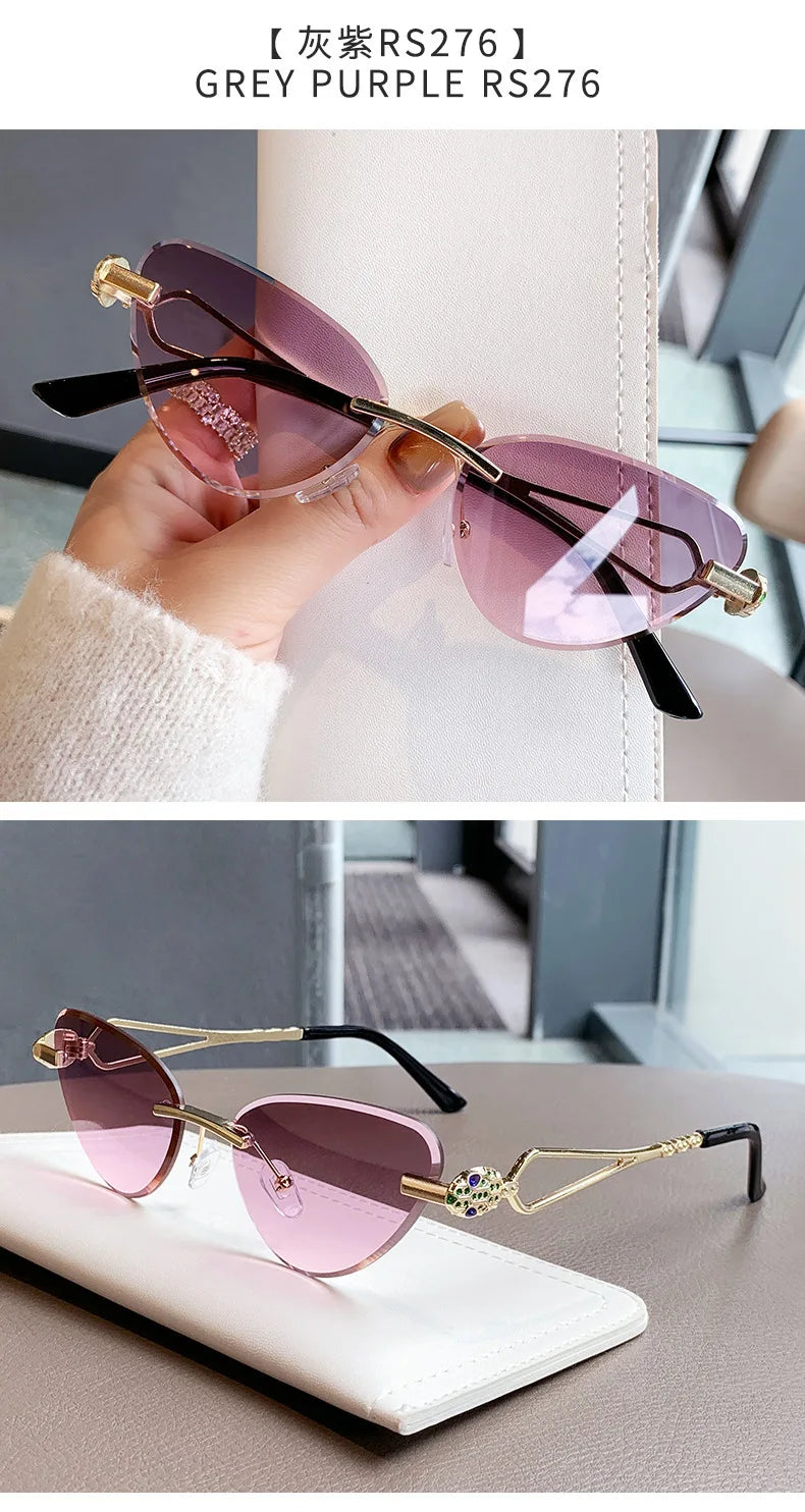 Rimless Cut Edge Cat Eye Sunglasses Gem Inlay Hollow Metal Temple UV400 Gradient Lens Shades for Women Daily Outdoor Sun Glasses
