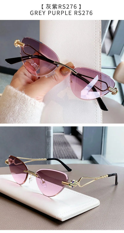 Rimless Cut Edge Cat Eye Sunglasses Gem Inlay Hollow Metal Temple UV400 Gradient Lens Shades for Women Daily Outdoor Sun Glasses