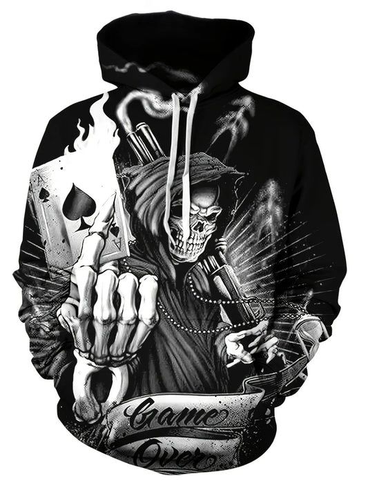 Autumn European and American new men's skull print comfortable and breathable hooded sweatshirt outdoor high street clothing