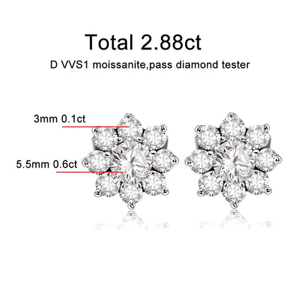 D VVS1 All Moissnaite Diamond Earring for Women 925 Sterling Sliver Plated 18k white gold Stud Ear Wedding Fine Jewelry