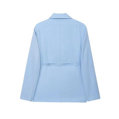 Women Notched Lapel Blazer with Floral Rose Belt Waist Tie Slim Long Sleeve Suit Jacket