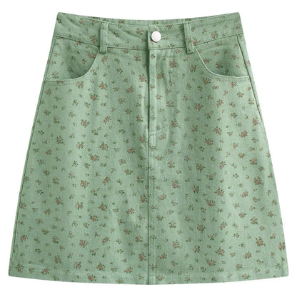 Floral Skirts Women Denim Mini A-line Sweet High Waist Korean Fashion Age-reducing Summer Lovely Girls Tender Temperament Ins