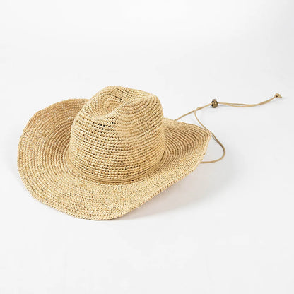 Hand-crocheted Natural Raffia Straw Cowboy Hat for Women Men Summer Wide Brim Sun Hat Outdoor Breathable Beach Caps