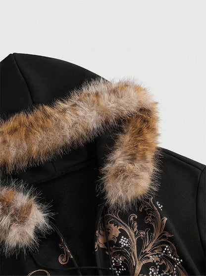 Winter Warm Gothic Print Hoodie Women's Clothin Faux Fur Crop Top Zip-Up Sweatshirt Fashion Y2K Streetwear Hooded Jacket 2026New
