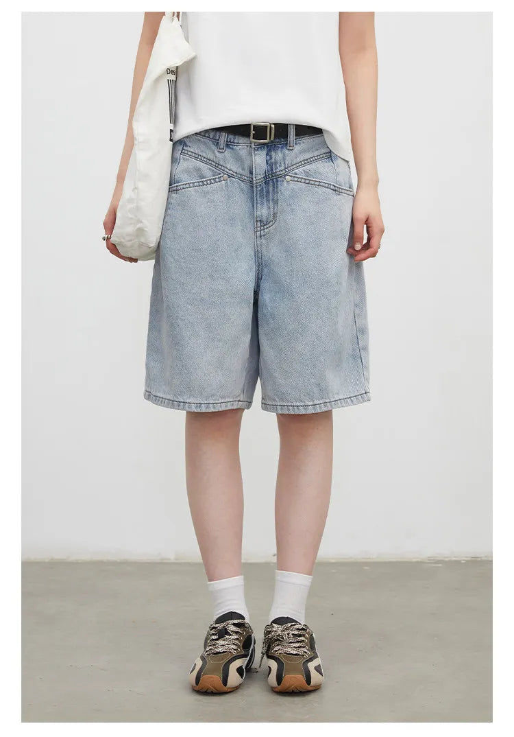 Fashion Women Shorts Mid-length Blue New Dividing Line Design Retro Washed Cotton Straight Leg Short Jeans Summer 2026