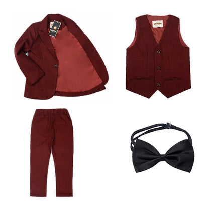 Boys Dark Green Formal Wedding Party Suit Children Blazer Vest Pants Tie 4 PCS Tuxedo Kids Performance Photography Dress Costume