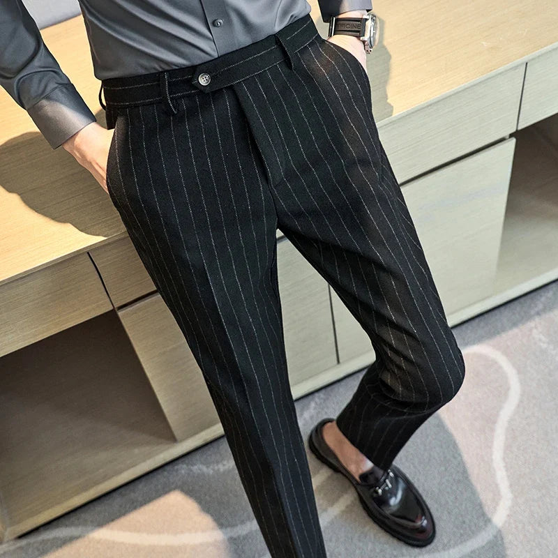 High Qualitys Wool Thickened Vertical Striped Men's Suit Pants Autumn Winter New Warm Fashion Business Casual Straight Trousers