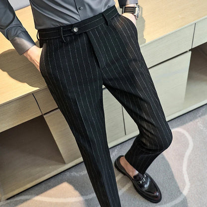 High Qualitys Wool Thickened Vertical Striped Men's Suit Pants Autumn Winter New Warm Fashion Business Casual Straight Trousers