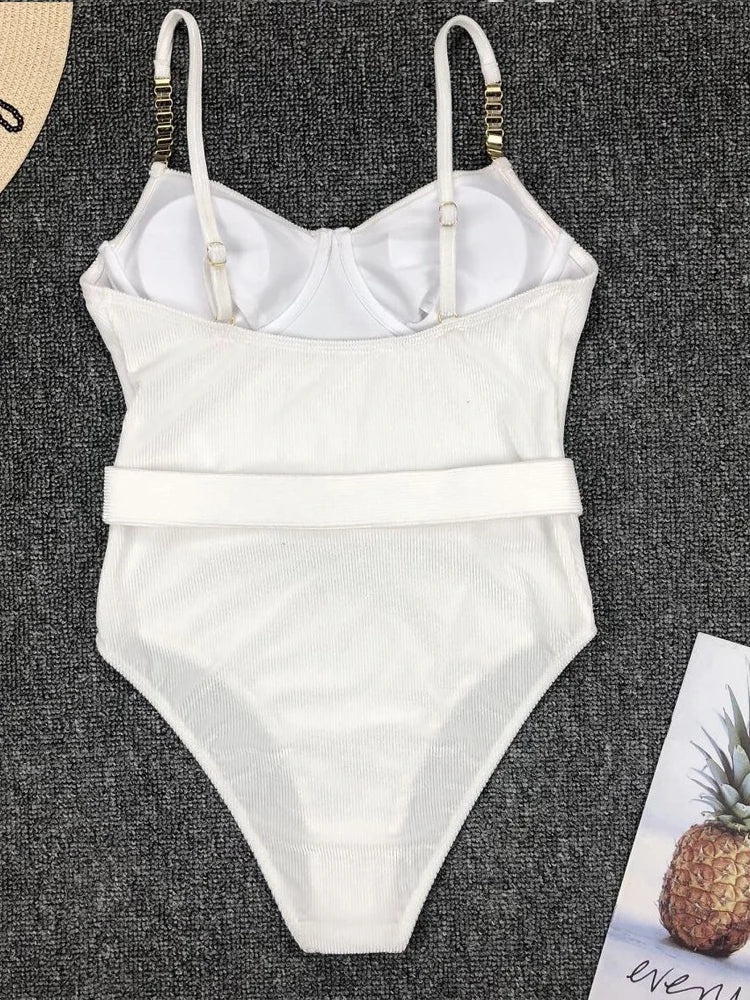 Sexy Push Up Underwire Swimwear Women Solid White Black Padded Buckle One Piece Swimsuit Beach Bathing Suit Bodysuit Monokini