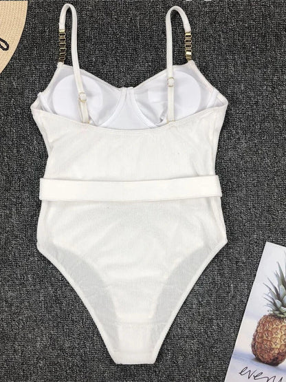 Sexy Push Up Underwire Swimwear Women Solid White Black Padded Buckle One Piece Swimsuit Beach Bathing Suit Bodysuit Monokini