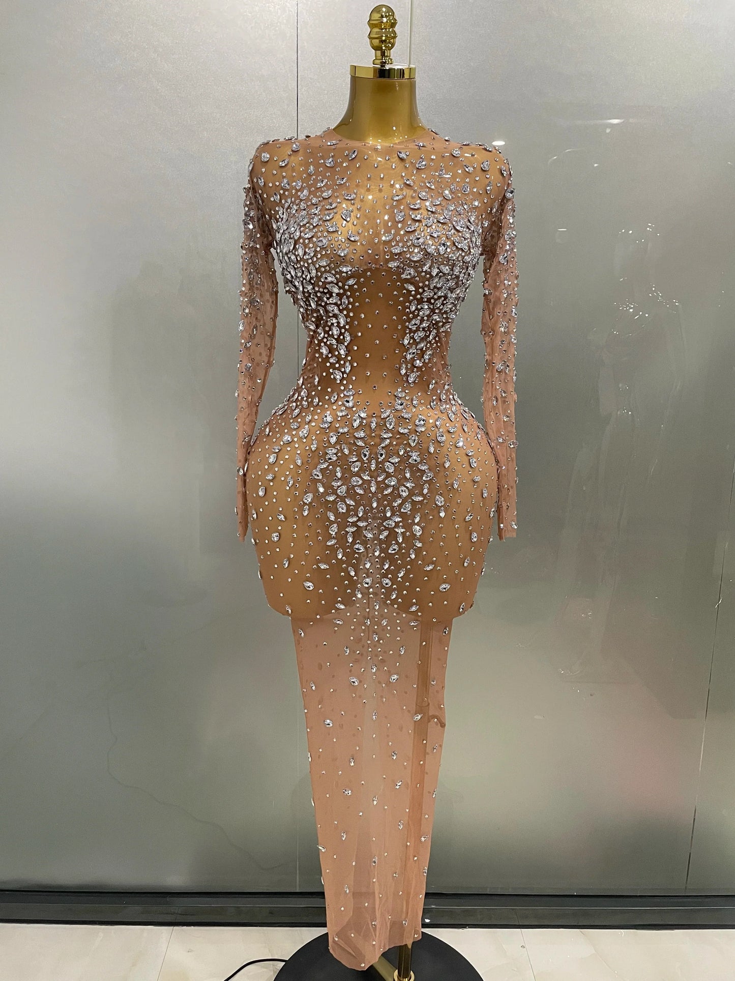 Sexy Shinny Rhinestone Stretch Mesh Transparent Long Dress 2025New Women Evening Birthday Party Prom Nightclub Singer Stage Wear