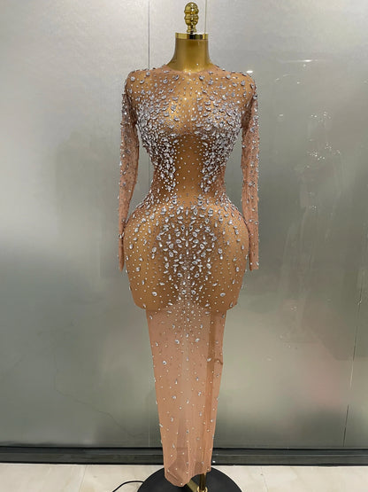 Sexy Shinny Rhinestone Stretch Mesh Transparent Long Dress 2025New Women Evening Birthday Party Prom Nightclub Singer Stage Wear