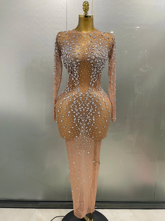 Sexy Shinny Rhinestone Stretch Mesh Transparent Long Dress 2025New Women Evening Birthday Party Prom Nightclub Singer Stage Wear