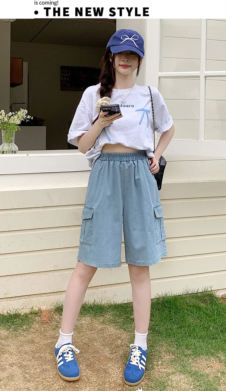 2026 Summer New Women's Denim Shorts Straight Trendy Loose Versatile Dad Shorts Thin Japanese Style Knee-length Pants