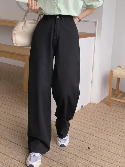 Korean Sle Simple Pure Color Wide Leg Jeans Pants for Women Summer Season Fall Collection Faion Ladies Premium Denim