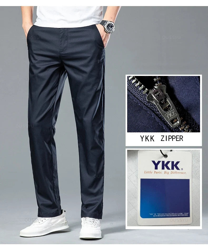 New Summer Cosy Soft Bamboo Fiber Straight Suit Pants Men Business Stretch Thin Navy Blue Casual Trousers Male Large Size 40 42