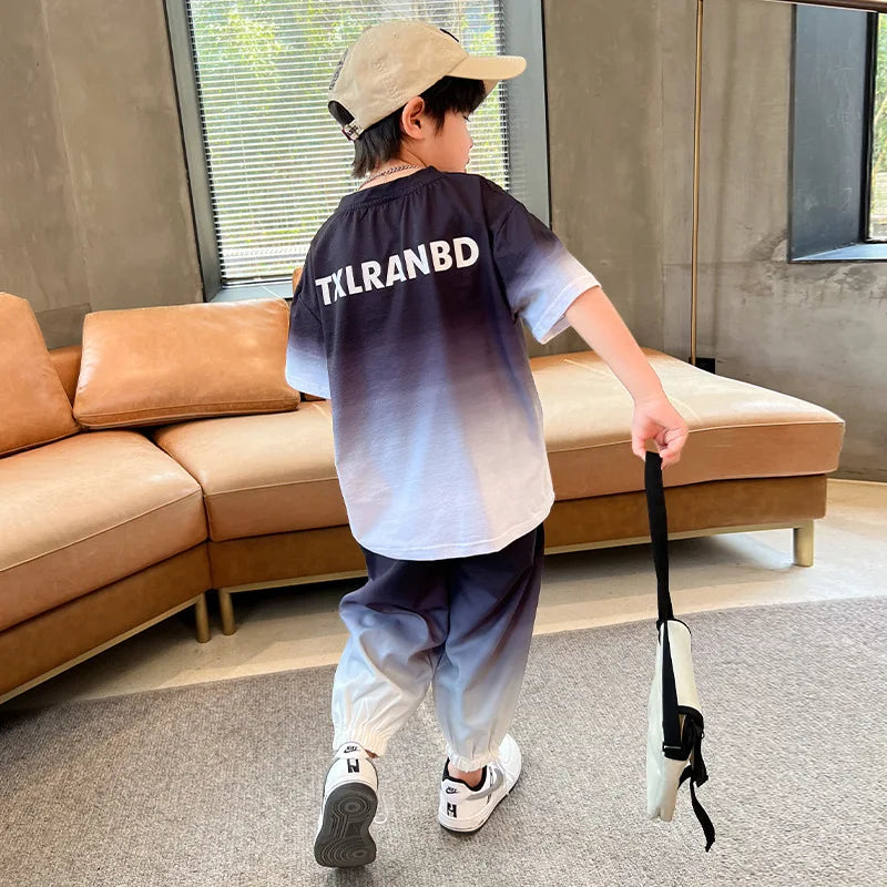 Summer Boys Gradient Contrast Alphabet t-Shirt Tops+Pant Workout Sets School Kids 2PCS Tracksuit Children Jogger Outfits 5-16 Yr
