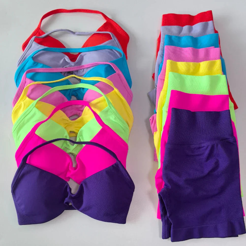 NO LOGO 2PCS Gym Set Women Strappy Yoga Bra Top High Waist Workout Scrunch Shorts Sports Suit Seamless Yoga Set Fitness Clothes