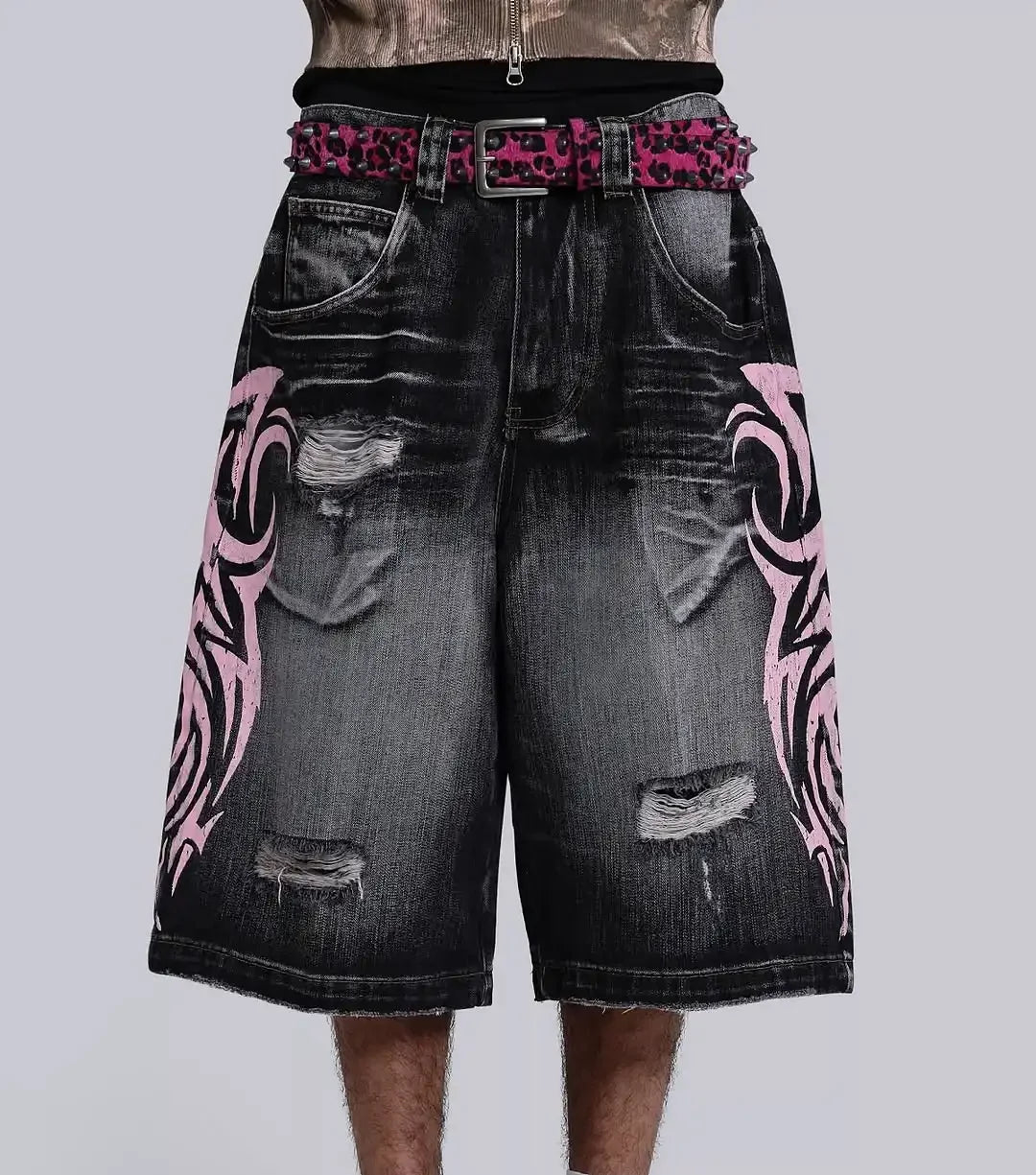 Cowboy shorts with rivet design and street wing pattern fashionable high waisted wide leg pants for Y2K knee length pants