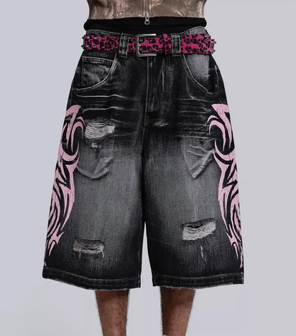 Cowboy shorts with rivet design and street wing pattern fashionable high waisted wide leg pants for Y2K knee length pants