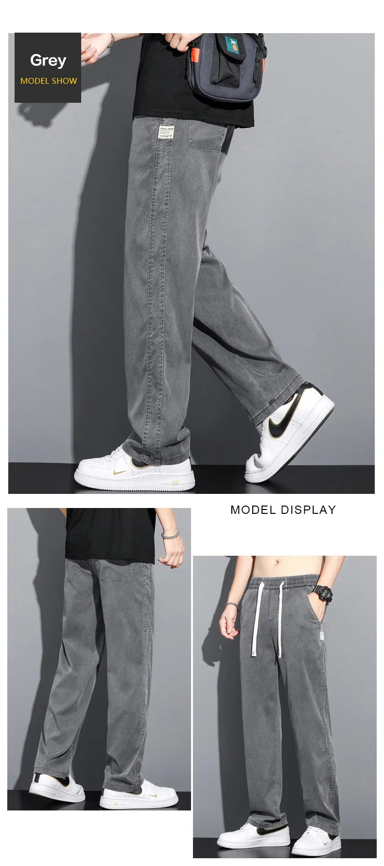 Summer Soft Lyocell Fabric Thin Loose Straight Pants Drawstring Elastic Waist Korea Casual Trousers Men's Jeans Plus Size M-5XL