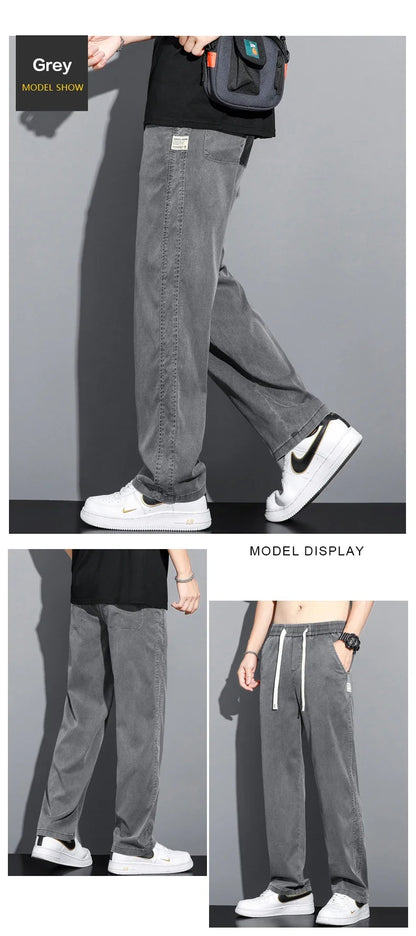 Summer Soft Lyocell Fabric Thin Loose Straight Pants Drawstring Elastic Waist Korea Casual Trousers Men's Jeans Plus Size M-5XL