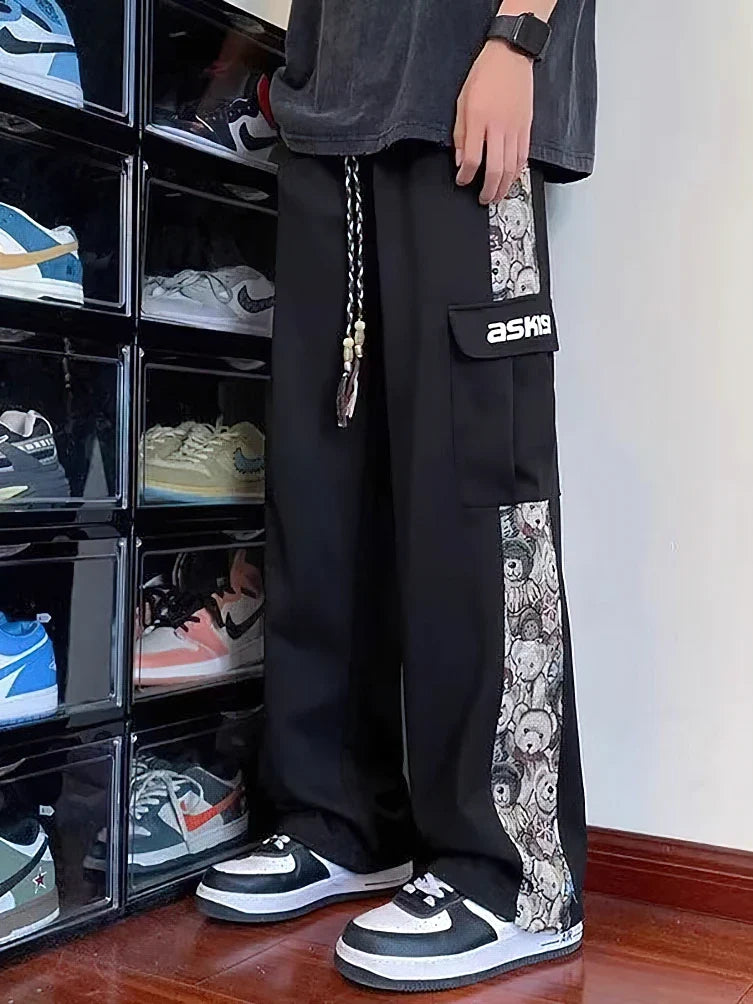 Japanese Anime Wide leg Straight Cargo Pants Men Streetwear Baggy Long Trousers Cotton Casual Patchwork Student 2023 New