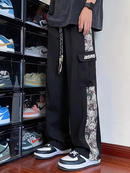 Japanese Anime Wide leg Straight Cargo Pants Men Streetwear Baggy Long Trousers Cotton Casual Patchwork Student 2023 New