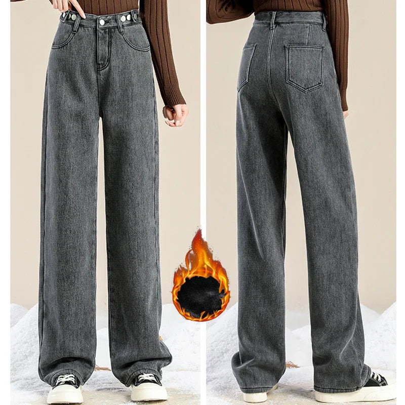 Woman High Waist Streetwear Thicken Jeans Female Fashion Baggy Pants Lady Black Grey Light Blue Blue Punk Thermal Denim Trousers